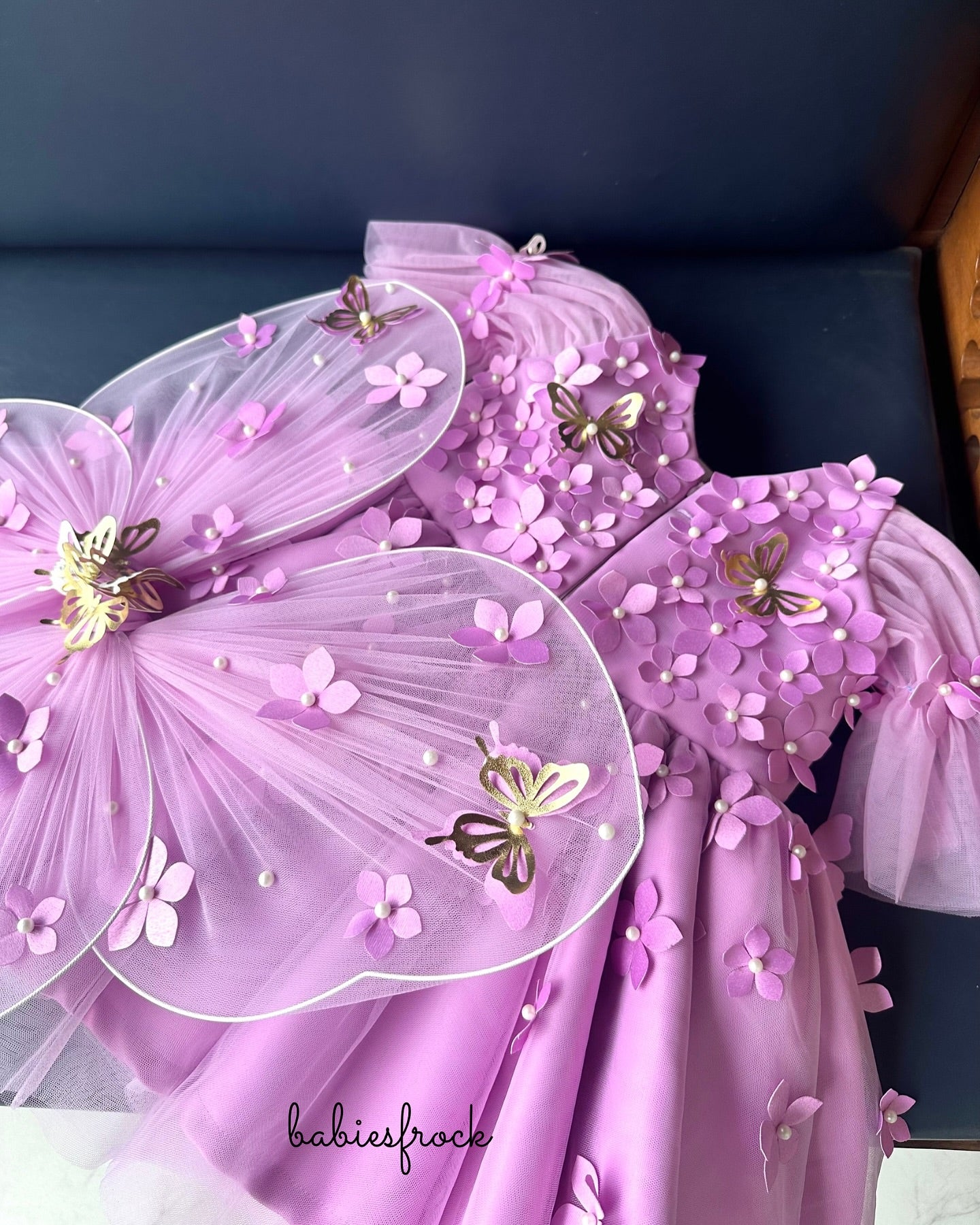 Whimsical Butterfly Blossom Baby Dress – Lavender 3D Floral Party Wear