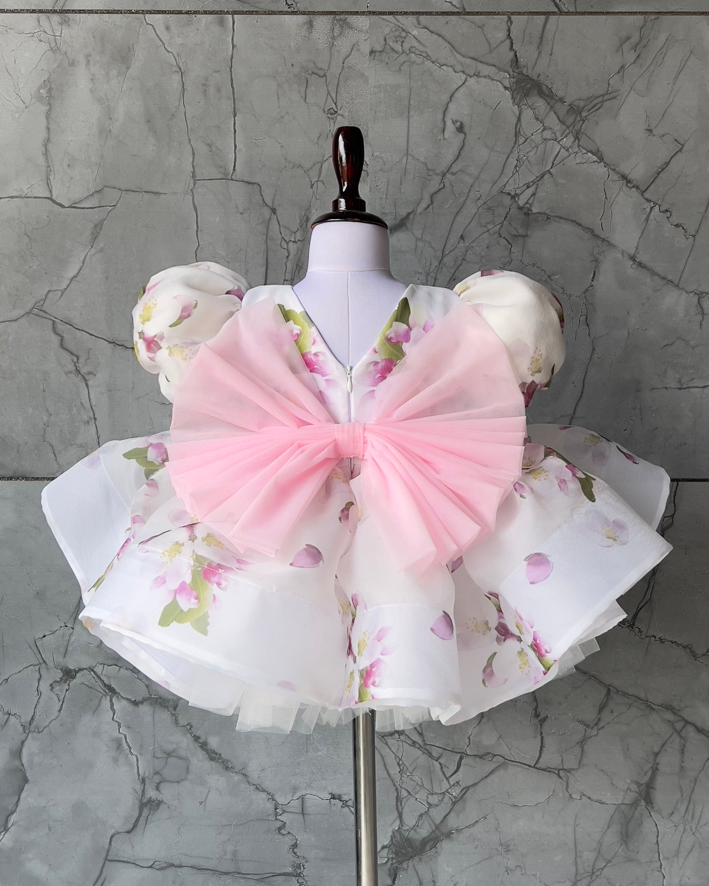 Luxury Baby Girl Floral Party Dress with Puffy Sleeves & Pink Bow – Spring Blossom Edition