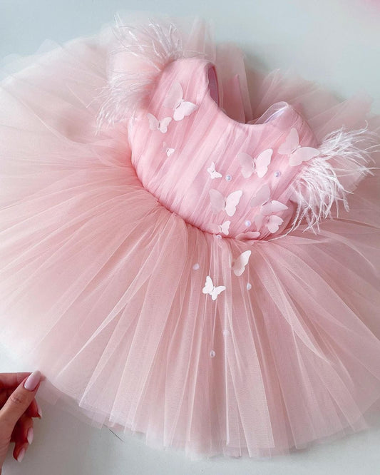 Feminine Pink Feather Sleeve Dress
