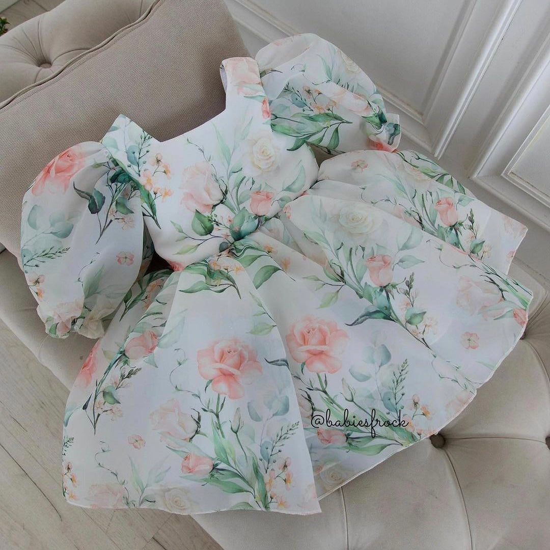 Organza Flower-Printed Dress – babiesfrock