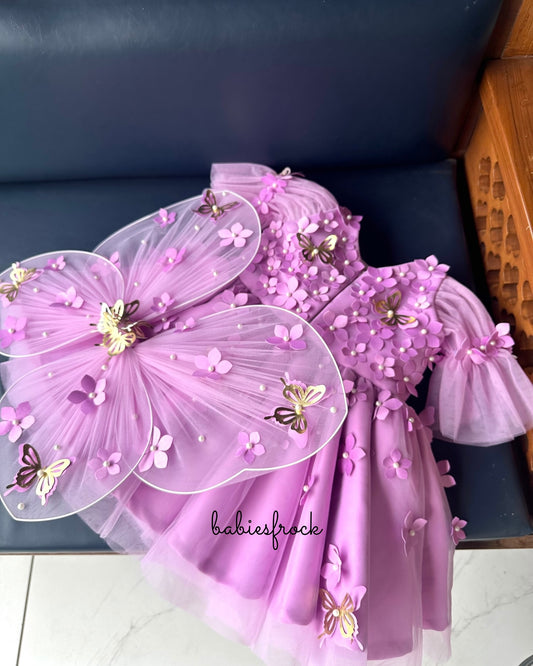 Whimsical Butterfly Blossom Baby Dress – Lavender 3D Floral Party Wear