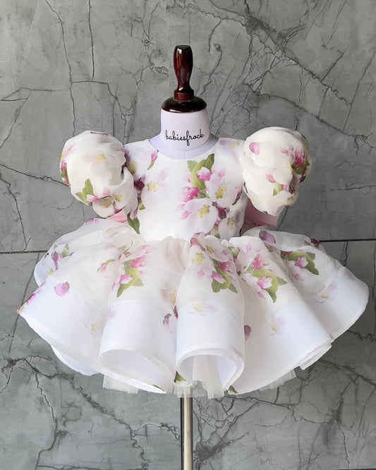Luxury Baby Girl Floral Party Dress with Puffy Sleeves & Pink Bow – Spring Blossom Edition
