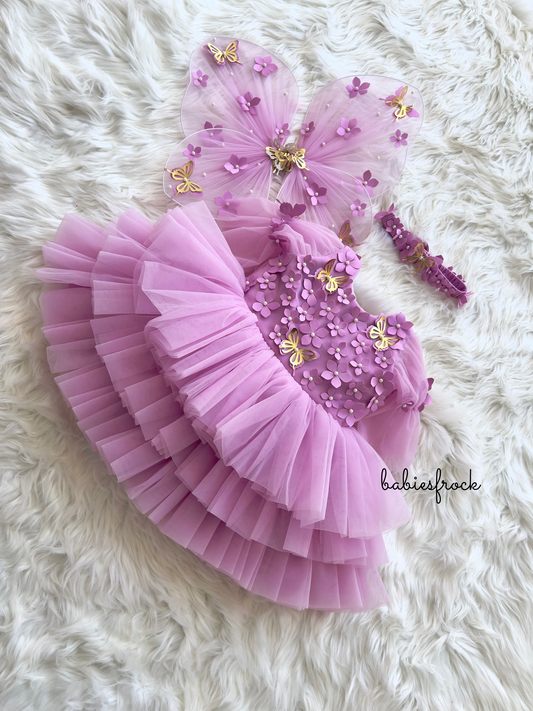 Layered Lilac Tulle Dress with Butterfly