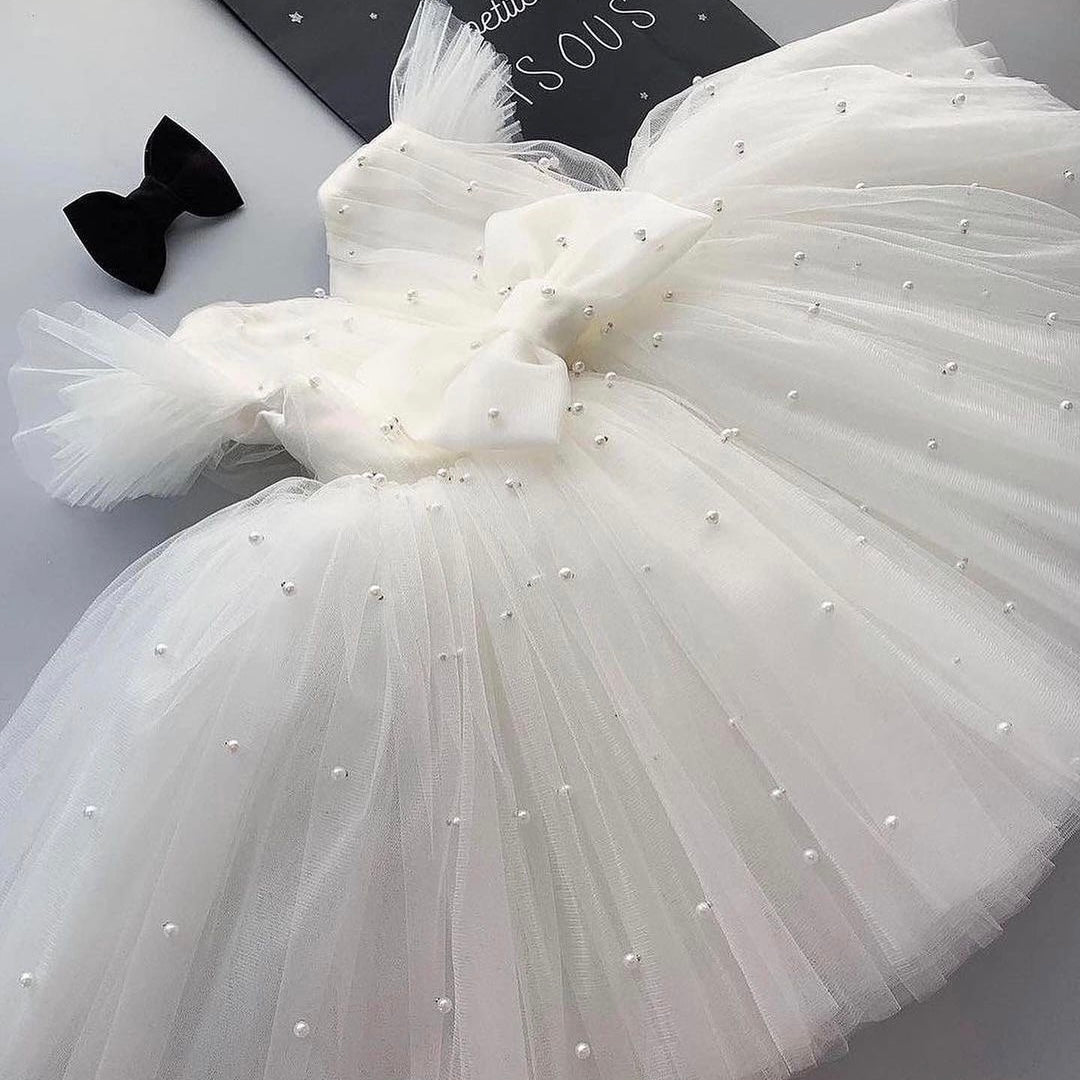 Elsie's White Baby Dress | Beaded Shoulder Satin Flower Girl Dress